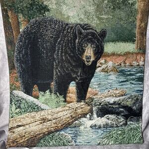 BLACK BEAR Wall Tapestry With Hanging Rod Cabin Hunting Mancave Decor 35"x25.5"